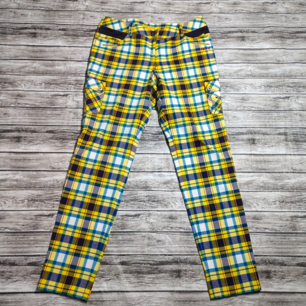 Yellow Plaid Slim Cargo Pants - Women